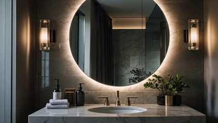 A round mirror with a soft backlit glow mounted