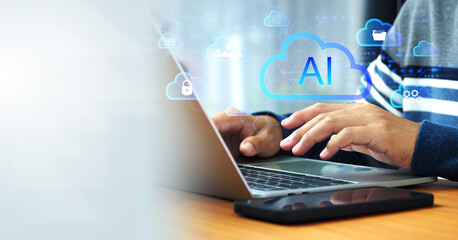 Business people use cloud-connected AI artificial intelligence technology to search, manage data and store business documents. in online marketing