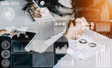 Big Data Technology for Business Finance Analytic Concept. Modern interface shows massive information of business sale report, profit chart and stock market trends analysis on screen monitor. uds