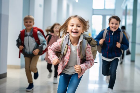 Joyful school children running down the hallway, excited and energetic - Powered by Adobe