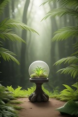 odium background product green nature forest stand white plant. Cosmetic background product podium display wood jungle studio garden beauty platform presentation mockup pedestal stone