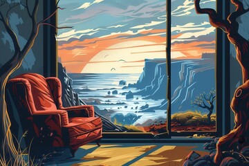 Lonely red armchair by the window overlooking a vast ocean and cliffs