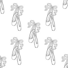 Seamless pattern pointe shoes with bow. Female ballet slippers for classic elegant dance © Iryna