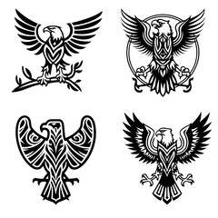 Fototapeta premium Heraldry with royal eagle, tattoos with birds of prey. Set of vector monochrome icons in tribal carved style