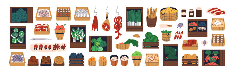 Farm produce, harvest and farmer products in crates, boxes, basket set. Natural vegetables, fruits, meat, fish. Fresh groceries, eco organic food. Flat vector illustration isolated on white background