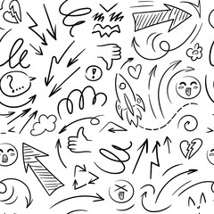 Seamless pattern Doodle lines, arrows, circles and curves vector, kawaii emoji. speech balloon, speech bubble. Hand drawn illustration for wallpaper, fabric, wrapping, background.