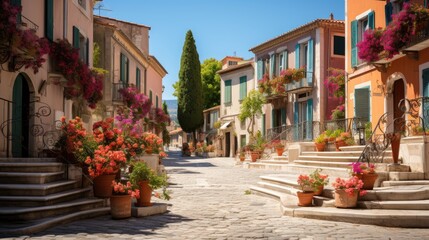 Fototapeta premium A charming European village square with cobblestone streets and old architecture 