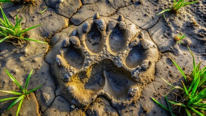 Bear paw print in the mud, detailed texture of the ground, with blades of grass around the edges.