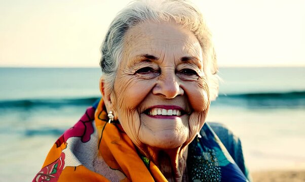 Lifestyle portrait video of a satisfied 100-year-old elderly woman wearing a foulard against a beach background
