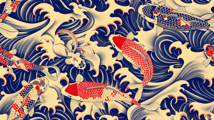 A pattern of koi fish swimming in the waves, in the traditional Japanese art style