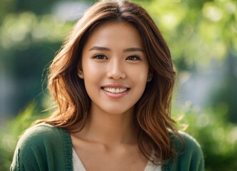 Fototapeta premium A young Asian lady smiles brightly. Model concept for promoting various products