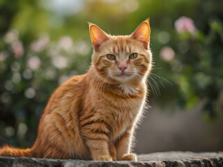 Fototapeta premium orange cat with blur background, orange cat is sitting and looking