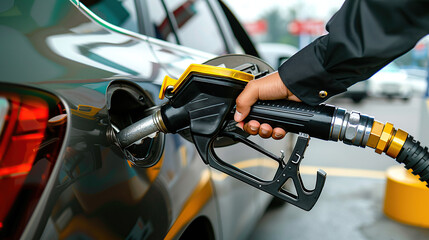Close-up of a hand holding a gas pump while filling a car with fuel