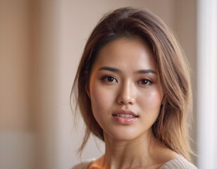 Fototapeta premium A young Asian lady smiles brightly. Model concept for promoting various products