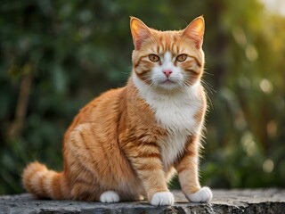 orange cat with blur background, orange cat is sitting and looking