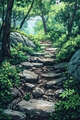 Fototapeta premium A scenic stone pathway in a lush, green forest surrounded by foliage and trees on a sunny day.