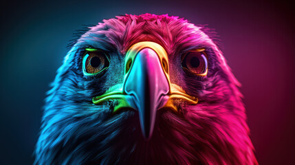 Fototapeta premium Close-up of an eagle with vibrant colorful lighting, showcasing the fierce and intense gaze of the majestic bird.