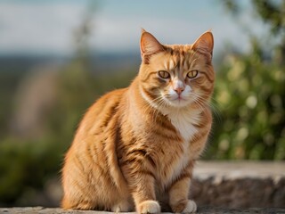 orange cat with blur background, orange cat is sitting and looking