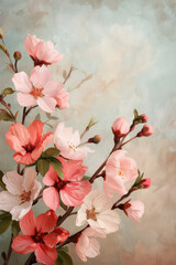 Soft pastel watercolor painting of blooming cherry blossoms with delicate petals on a light blue background, evoking a sense of spring and tranquility.