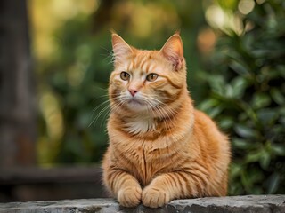 orange cat with blur background, orange cat is sitting and looking