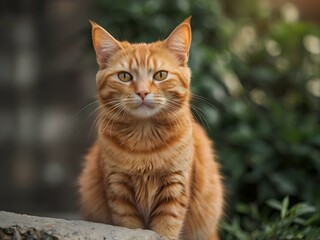 orange cat with blur background, orange cat is sitting and looking