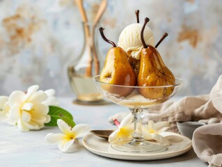 Pearfection: A Delectable Composition of Sweet Poached Pears and Ice Cream
