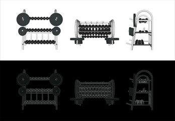 Set dumbbell rack  Technical wireframe Illustration line art  blueprint on transparent background