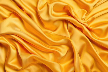 Fototapeta premium Close-up of luxurious, golden yellow satin fabric with intricate folds and waves, exuding elegance and sophistication for design and fashion use.