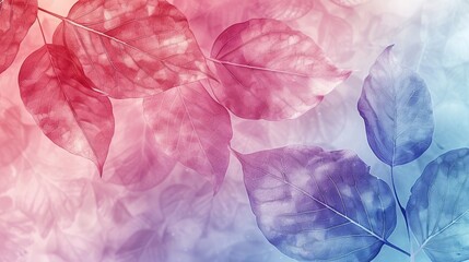 Colorful gradient leaves background with a mix of red and blue hues, creating a serene and artistic aesthetic ideal for nature-themed designs.