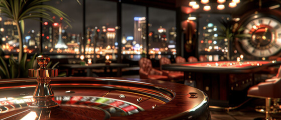 A roulette wheel sits in the foreground with a blurry view of the casino floor and city lights in the background