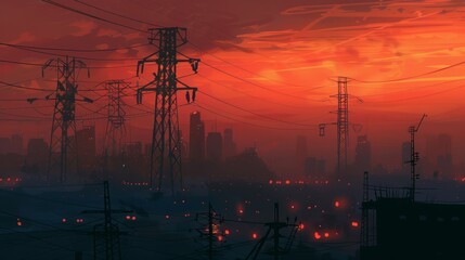 Fototapeta premium Power lines carry electricity from power plants to cities. They use towers and wires to move high-voltage electricity.