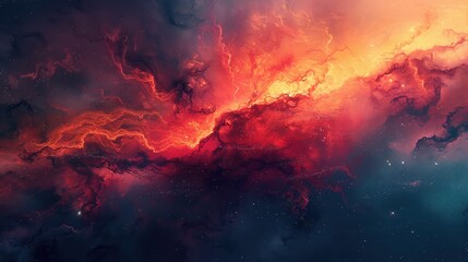 Fototapeta premium Vivid cosmic nebula with bright orange and red hues against a dark starry background, depicting the beauty and mystery of the universe.