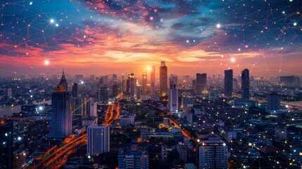 Smart network technology connects Bangkok at sunset, showcasing a stunning cityscape panorama.