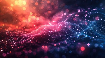 Obraz premium Vibrant abstract digital landscape with glowing particles and bokeh effect, featuring a dynamic blend of red, orange, and blue hues in a futuristic theme.