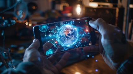 Stay connected with the world through high-speed internet on your phone. The holographic globe shows points of light, and virtual controls appear on the smartphone screen.
