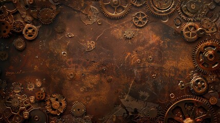 Naklejka premium Steampunk cogs and gears on a rich brown backdrop.