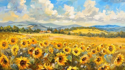 Stunning oil painting depicting a vibrant sunflower field. Its modern aesthetic captures the beauty of nature in a contemporary style.