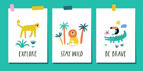 Childish posters set with cute jungle animals. Perfect for birthday invitations, greeting cards, nursery posters. 