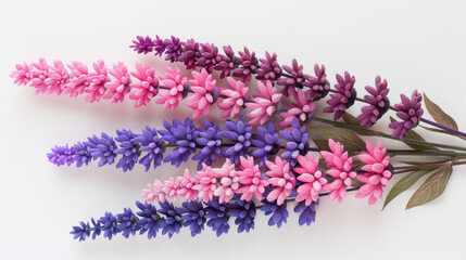 Close-up of vibrant, colorful flowers on a white background, showcasing intricate details and beautiful shades of pink, purple, and violet.