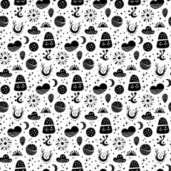 Fototapeta premium Seamless neo folk art vector pattern with mountains, moon and flowers, black and white floral design. Neo folk style endless background perfect for textile design.