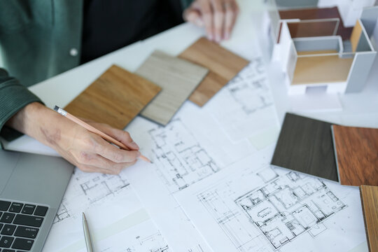 Architecture interior Asianman Creative project plan designer home and Choose interior materials  drawing interior on blueprint.