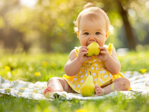 Sweet Summer Snack: Adorable Baby enjoying a pear on a picinic in the park