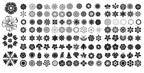 Flowers. Flower - vector icons. Flowers black color in flat design. Vector illustration, Flower icons. Flower silhouettes. Symbol of floral design. Pattern of daisy, rose and chamomile.