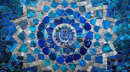A Close up of a Blue and White Mosaic Tile Design on a Wall or Floor - Generative AI