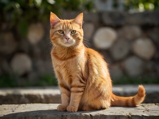orange cat with blur background, orange cat is sitting and looking