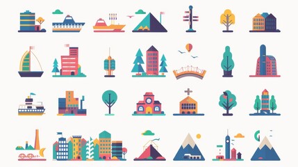 This set of colorful icons shows various places and activities: nature, mountains, boating, trees, houses, cities, factories, cars, and skyscrapers.