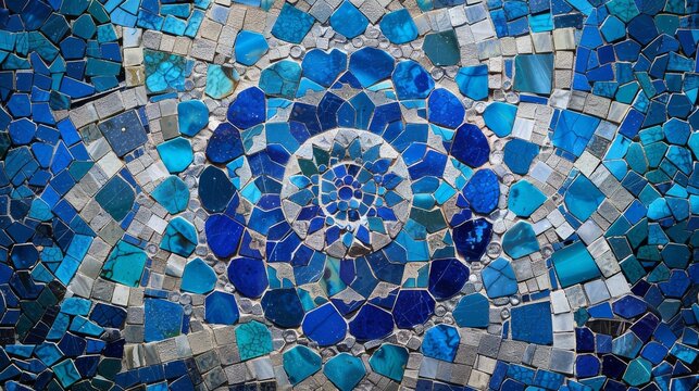 A Close up of a Blue and White Mosaic Tile Design on a Wall or Floor - Generative AI