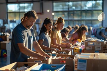 group of diverse volunteers are busy sorting through boxes of donated items at a bustling community charity donation center. Each person is focused on their task, whether it be organ