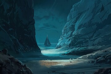 Mysterious seascape with a lone sailing boat navigating through a narrow channel between towering cliffs