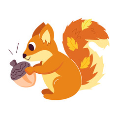 Cute squirrel acorn sticker in flat style 

